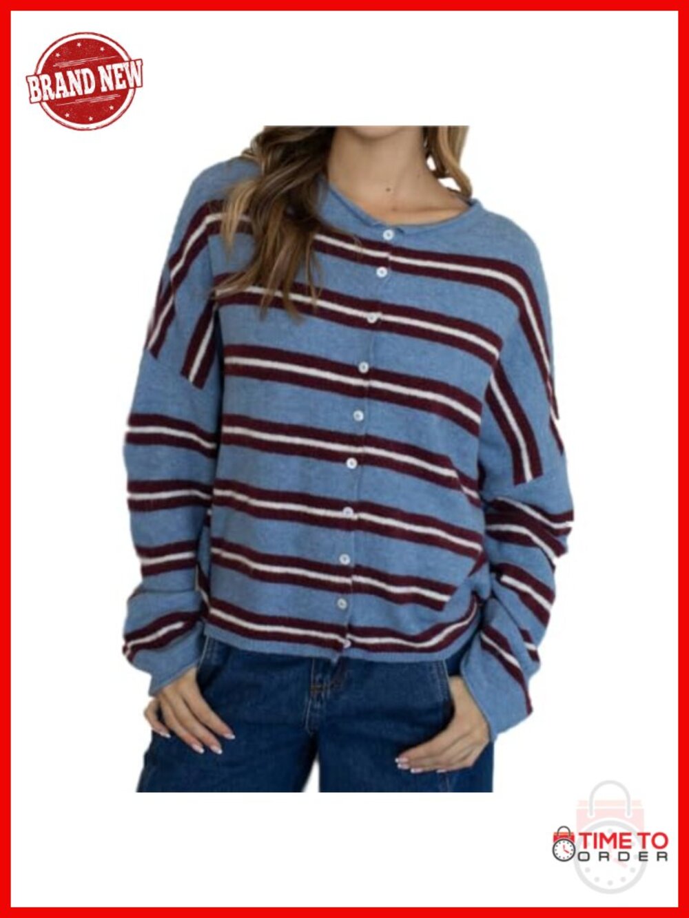 Womens Knit Striped Cardigan Sweater Lightweight Long Sleeve Button Front